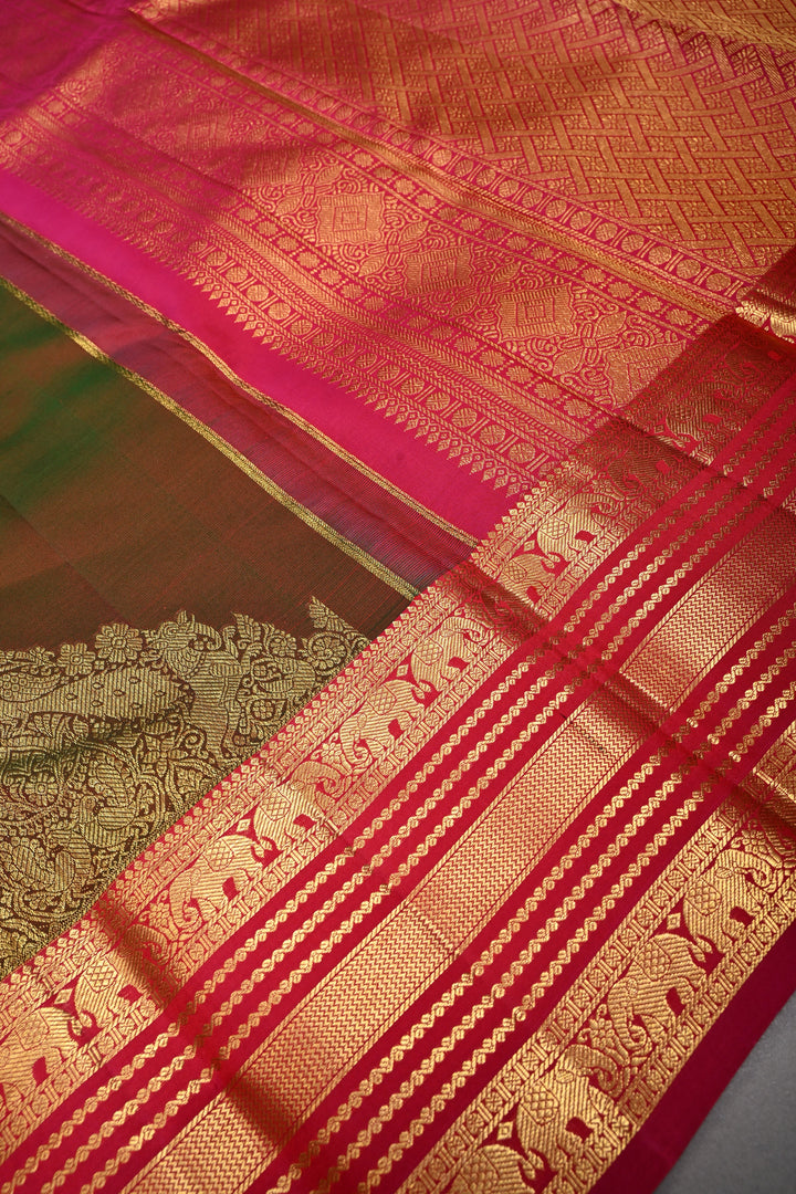 Mehendi Green-Red Dual tone Kanjivaram Pure Silk Saree with Zari Buttas and Vanasingaram Arches on Contrast Zari Border | SILK MARK CERTIFIED
