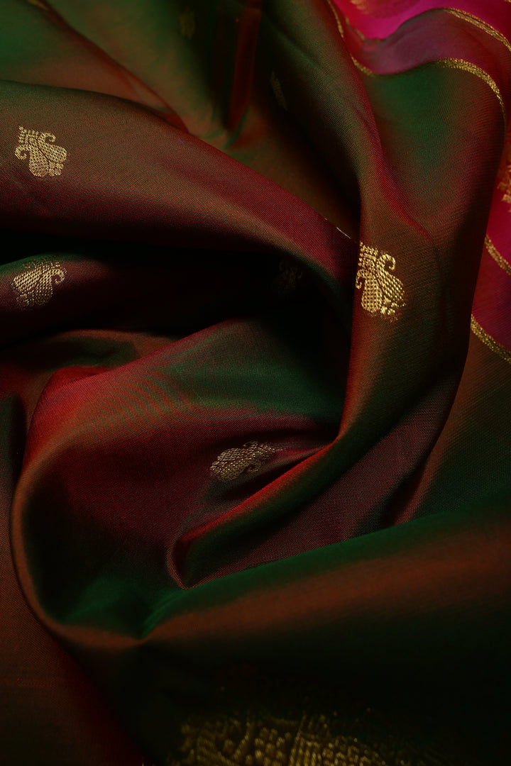 Mehendi Green-Red Dual tone Kanjivaram Pure Silk Saree with Zari Buttas and Vanasingaram Arches on Contrast Zari Border | SILK MARK CERTIFIED