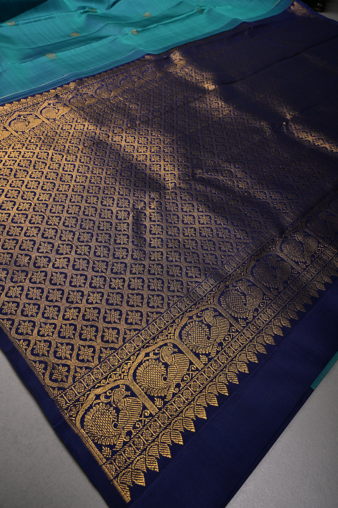 Aegean Blue Kanjivaram Pure Silk Saree with Zari Buttas and One Side Distinct Vanasingaram Mandala Motifs on Border | SILK MARK CERTIFIED | SHOBITAM