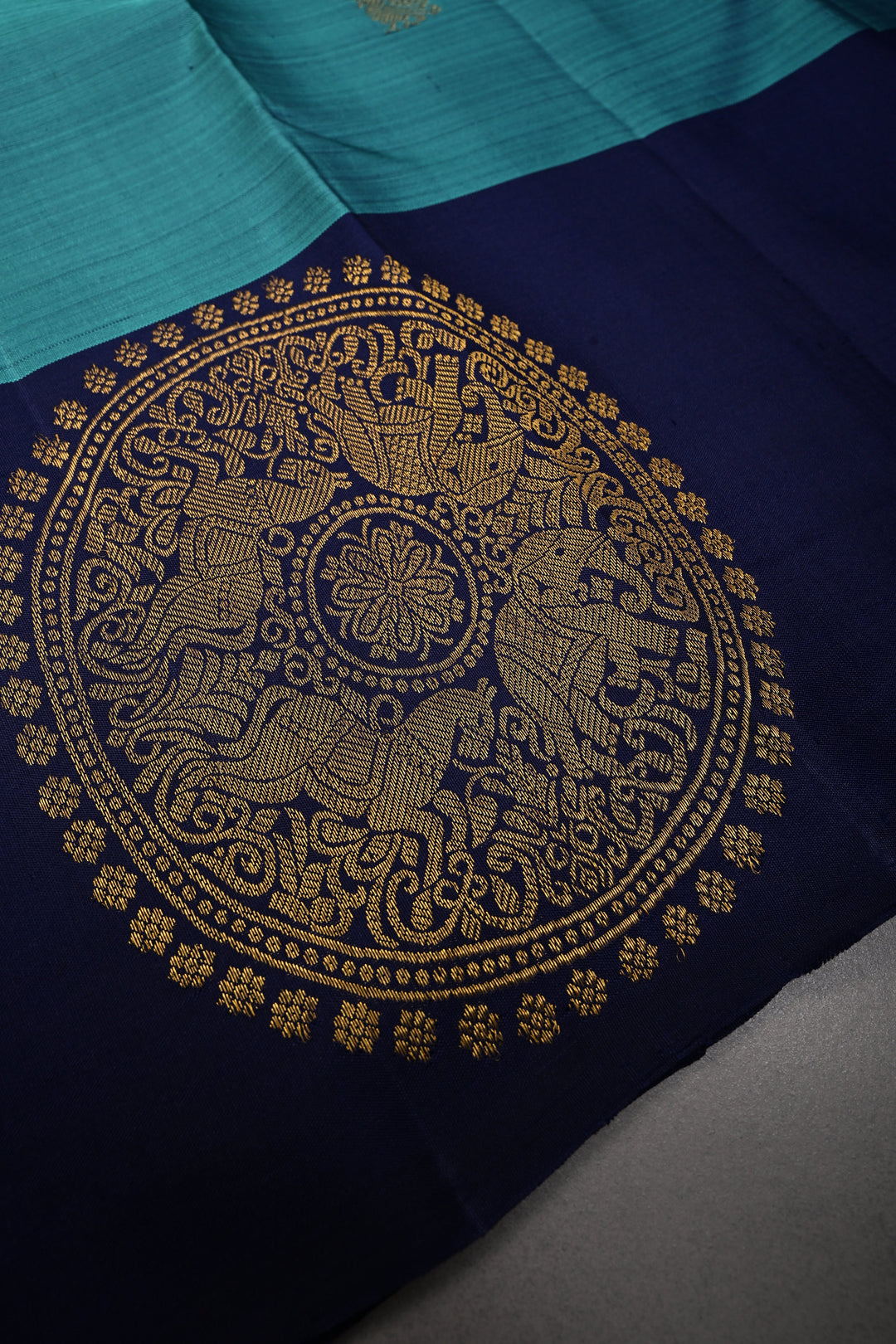 Aegean Blue Kanjivaram Pure Silk Saree with Zari Buttas and One Side Distinct Vanasingaram Mandala Motifs on Border | SILK MARK CERTIFIED | SHOBITAM