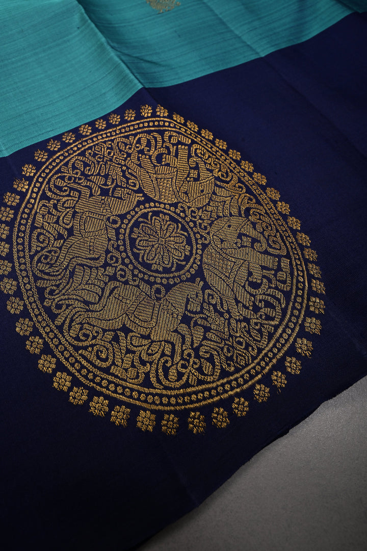 Aegean Blue Kanjivaram Pure Silk Saree with Zari Buttas and One Side Distinct Vanasingaram Mandala Motifs on Border | SILK MARK CERTIFIED | SHOBITAM
