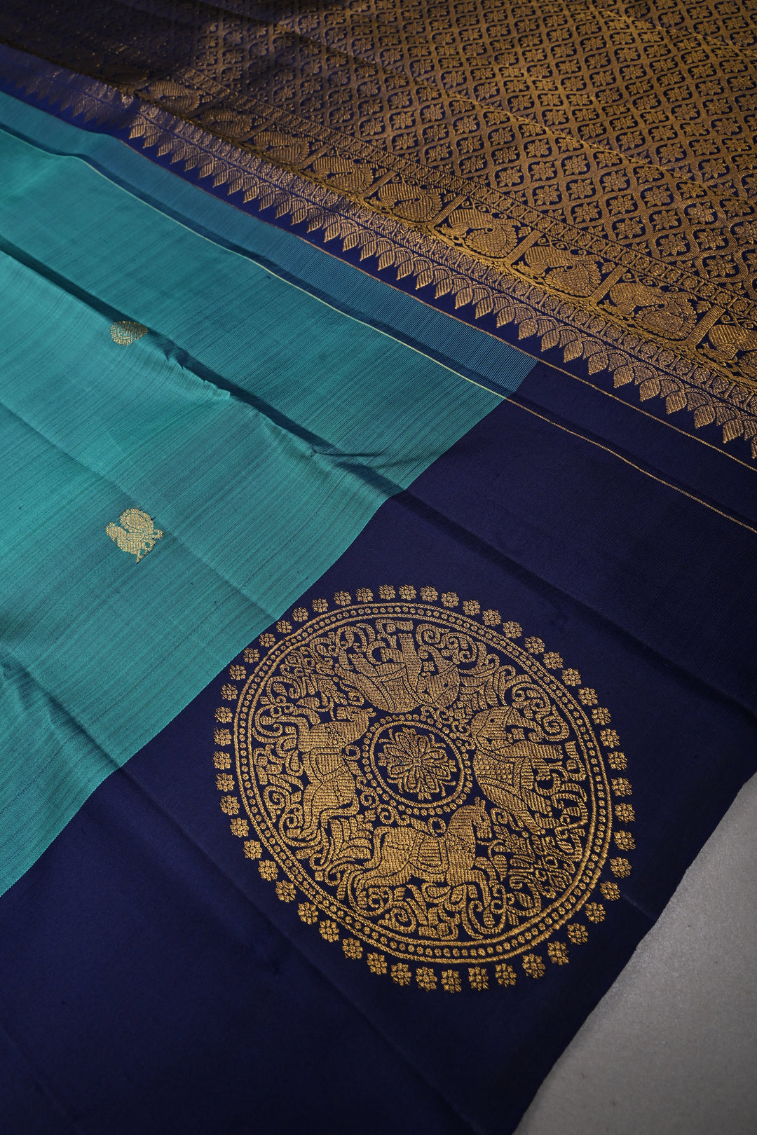 Aegean Blue Kanjivaram Pure Silk Saree with Zari Buttas and One Side Distinct Vanasingaram Mandala Motifs on Border | SILK MARK CERTIFIED | SHOBITAM