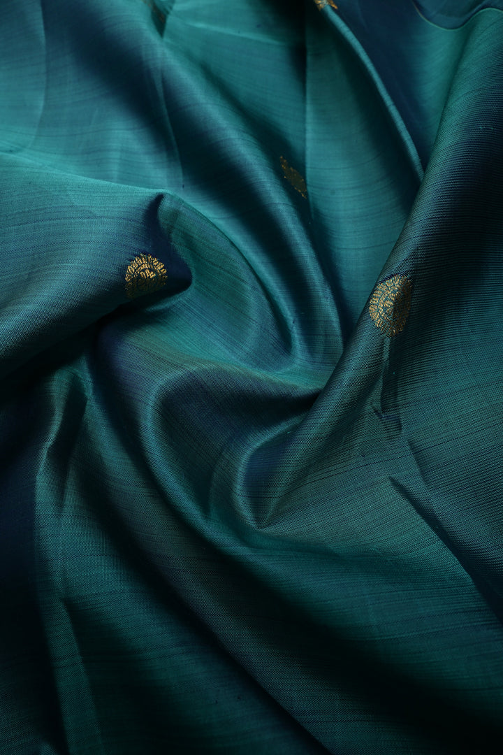Aegean Blue Kanjivaram Pure Silk Saree with Zari Buttas and One Side Distinct Vanasingaram Mandala Motifs on Border | SILK MARK CERTIFIED | SHOBITAM