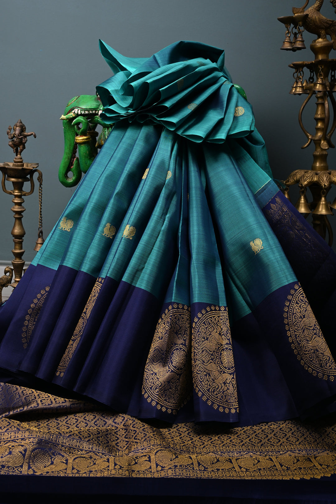 Aegean Blue Kanjivaram Pure Silk Saree with Zari Buttas and One Side Distinct Vanasingaram Mandala Motifs on Border | SILK MARK CERTIFIED | SHOBITAM