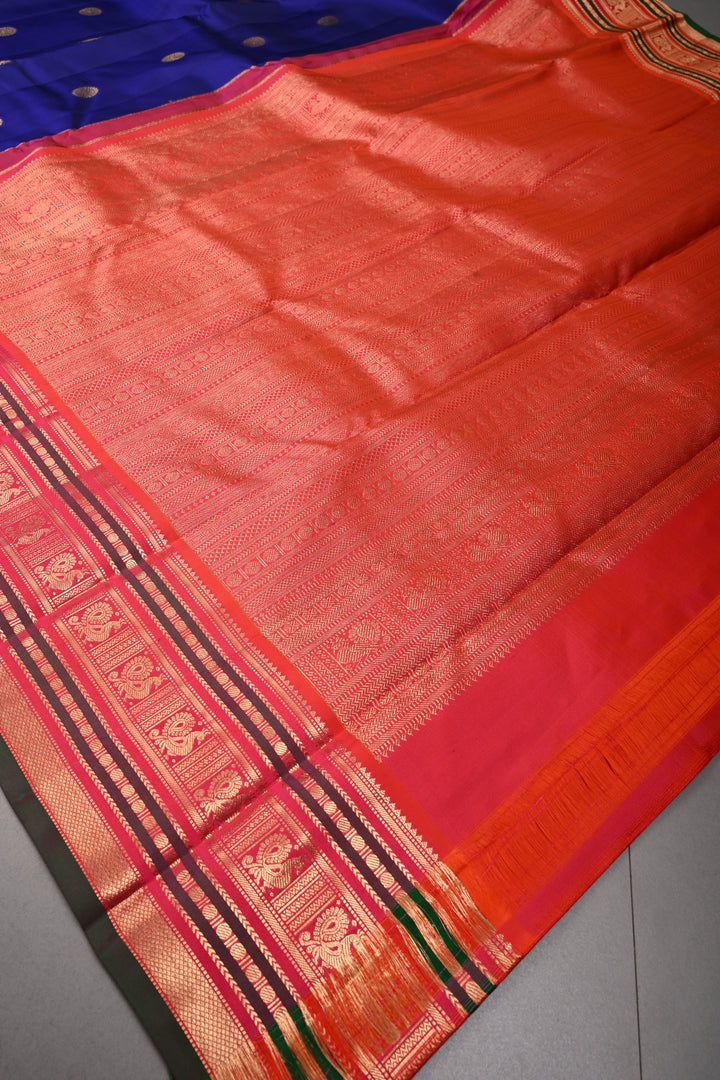 Korvai Deep Blue Kanjivaram Pure Silk Saree with Zari Buttas and Contrast Zari Border | SILK MARK CERTIFIED | SHOBITAM
