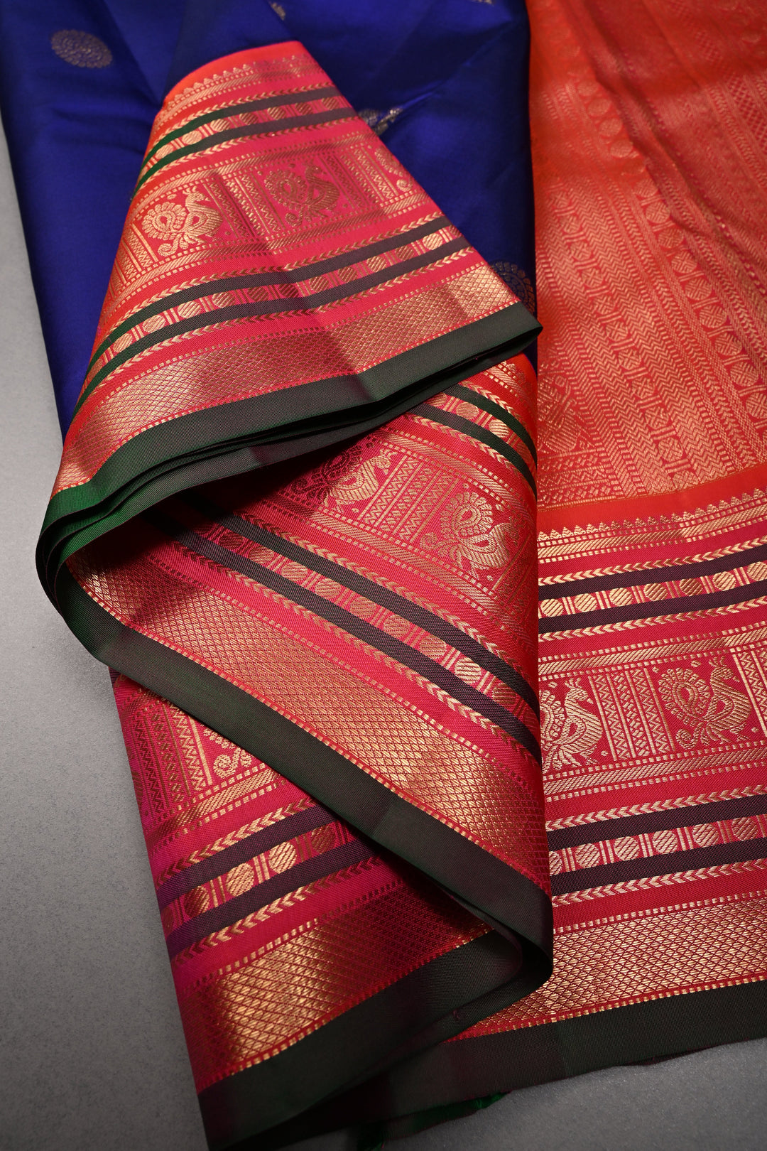 Korvai Deep Blue Kanjivaram Pure Silk Saree with Zari Buttas and Contrast Zari Border | SILK MARK CERTIFIED | SHOBITAM