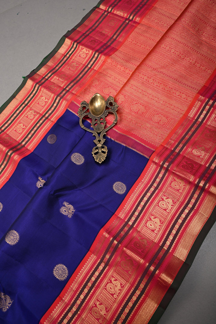 Korvai Deep Blue Kanjivaram Pure Silk Saree with Zari Buttas and Contrast Zari Border | SILK MARK CERTIFIED | SHOBITAM
