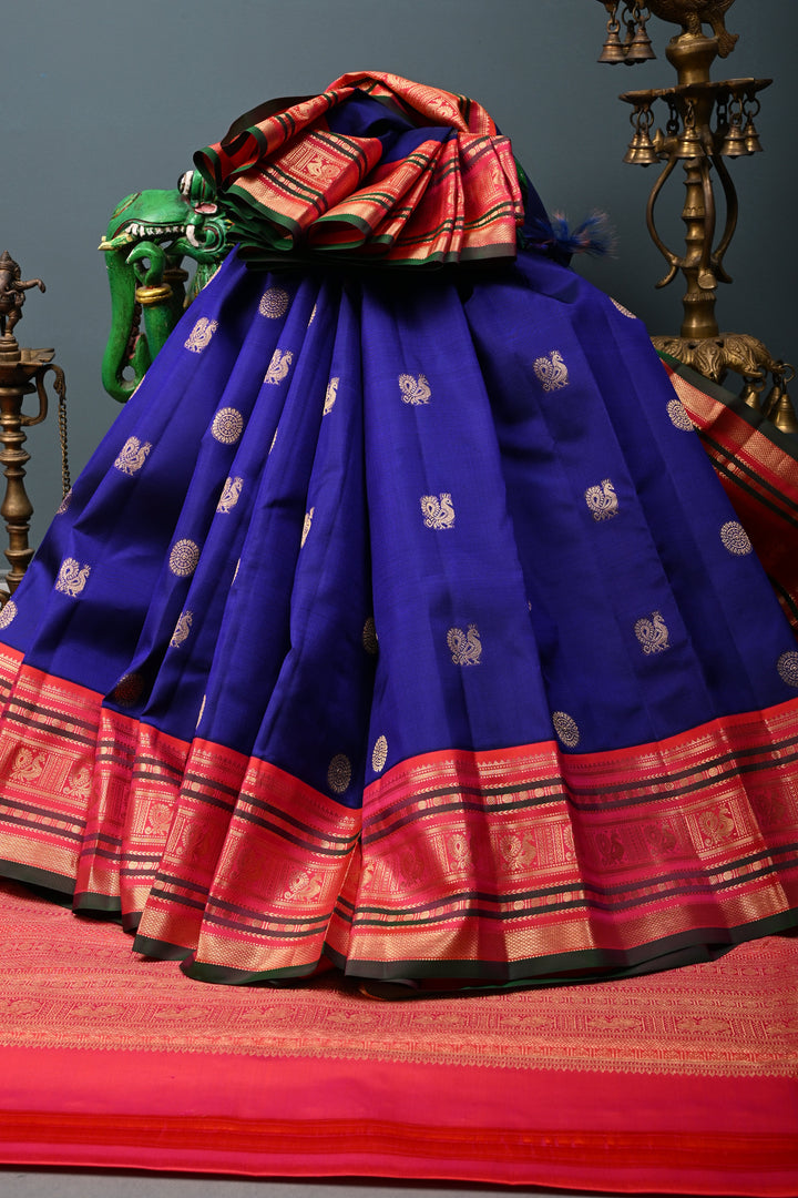 Korvai Deep Blue Kanjivaram Pure Silk Saree with Zari Buttas and Contrast Zari Border | SILK MARK CERTIFIED | SHOBITAM