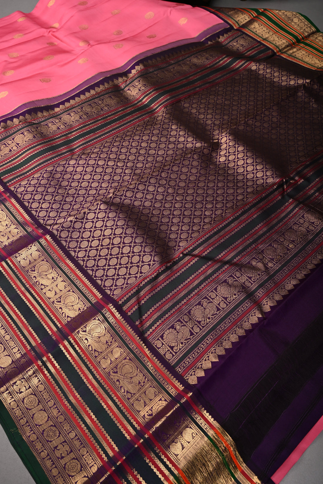 Korvai Rose Pink Kanjivaram Pure Silk Saree with Zari Buttas and Contrast Zari Border| SILK MARK CERTIFIED | SHOBITAM