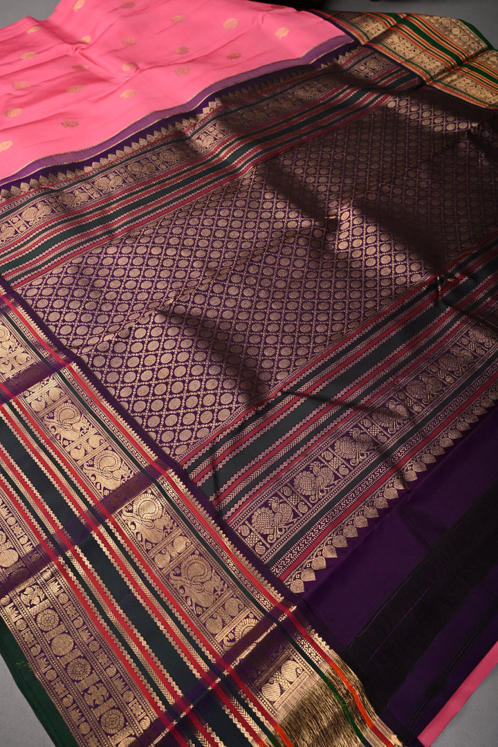 Korvai Rose Pink Kanjivaram Pure Silk Saree with Zari Buttas and Contrast Zari Border| SILK MARK CERTIFIED | SHOBITAM