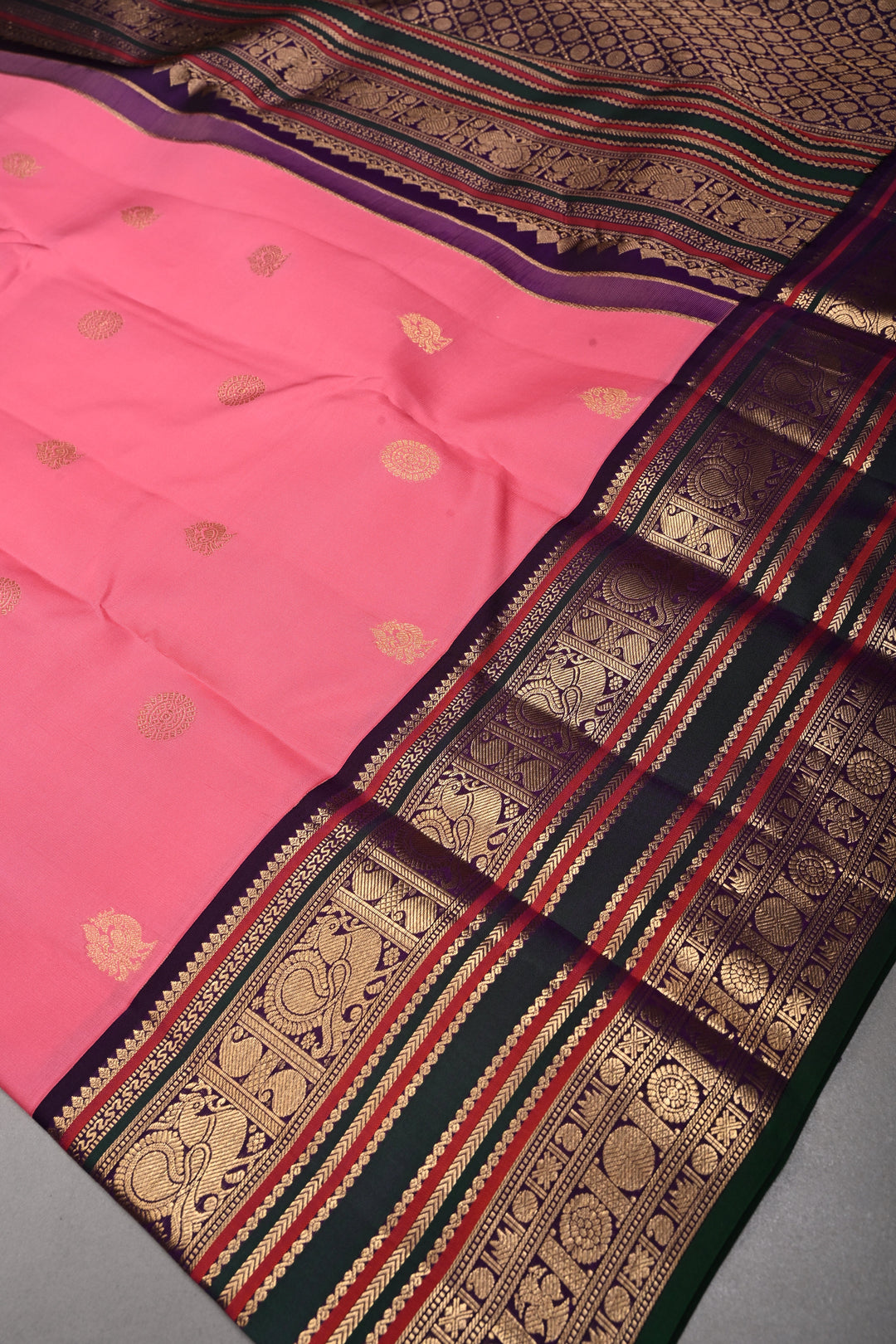 Korvai Rose Pink Kanjivaram Pure Silk Saree with Zari Buttas and Contrast Zari Border| SILK MARK CERTIFIED | SHOBITAM
