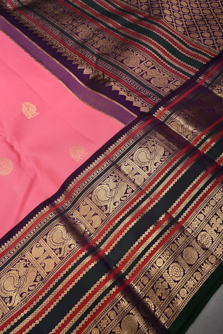 Korvai Rose Pink Kanjivaram Pure Silk Saree with Zari Buttas and Contrast Zari Border| SILK MARK CERTIFIED | SHOBITAM