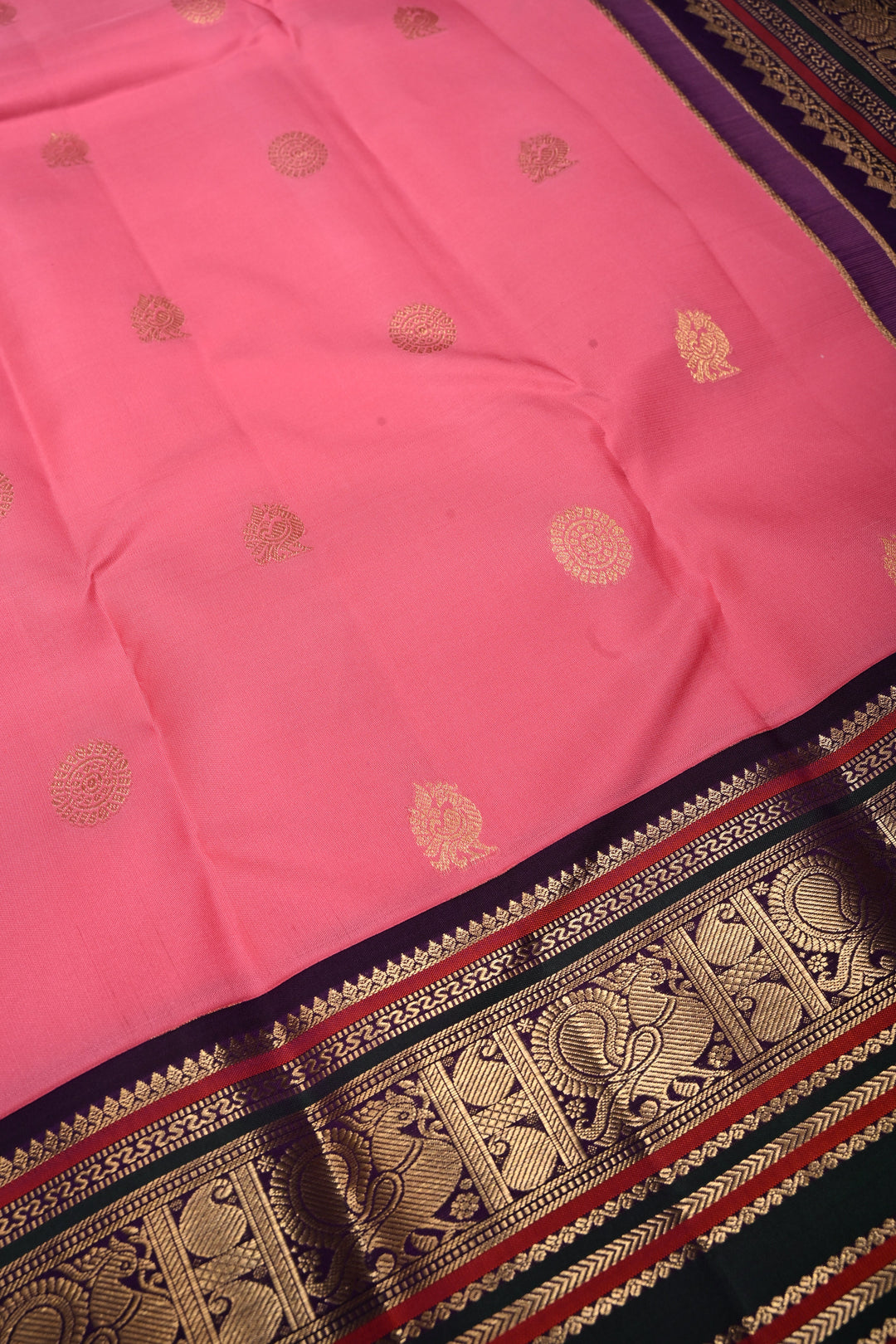Korvai Rose Pink Kanjivaram Pure Silk Saree with Zari Buttas and Contrast Zari Border| SILK MARK CERTIFIED | SHOBITAM