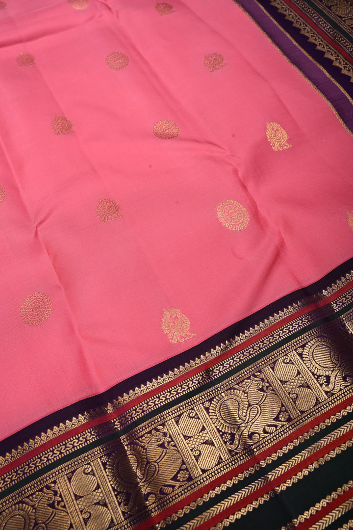 Korvai Rose Pink Kanjivaram Pure Silk Saree with Zari Buttas and Contrast Zari Border| SILK MARK CERTIFIED | SHOBITAM