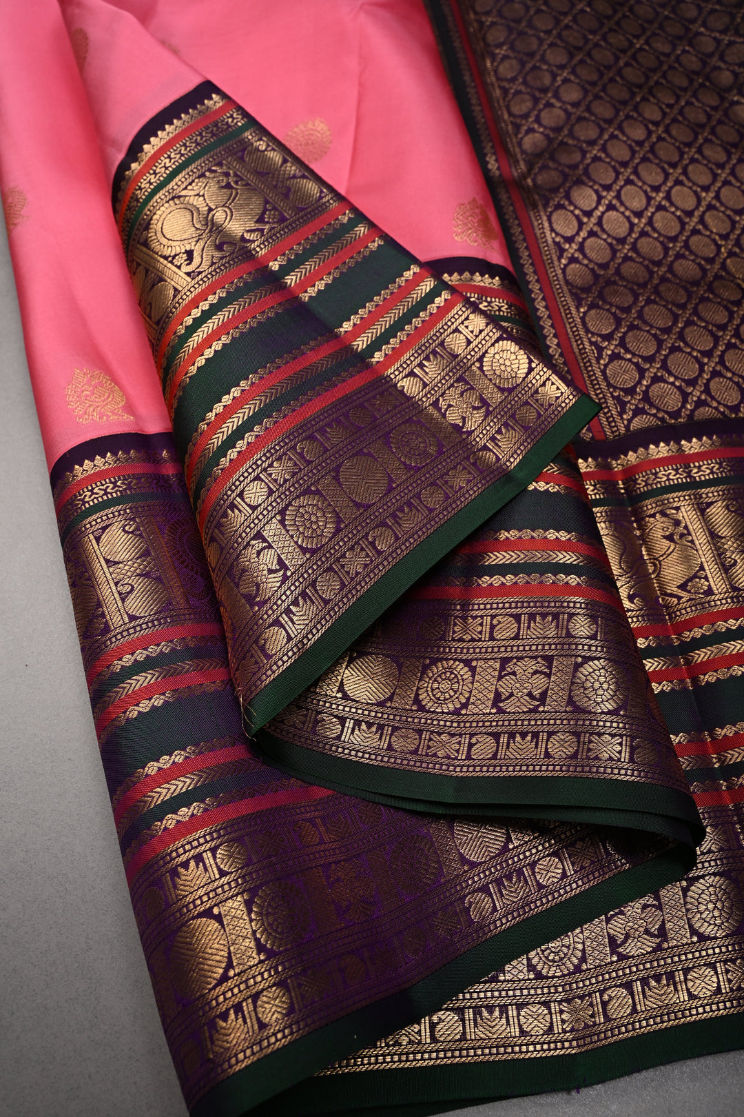 Korvai Rose Pink Kanjivaram Pure Silk Saree with Zari Buttas and Contrast Zari Border| SILK MARK CERTIFIED | SHOBITAM