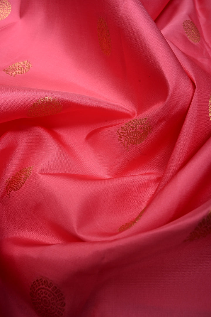 Korvai Rose Pink Kanjivaram Pure Silk Saree with Zari Buttas and Contrast Zari Border| SILK MARK CERTIFIED | SHOBITAM