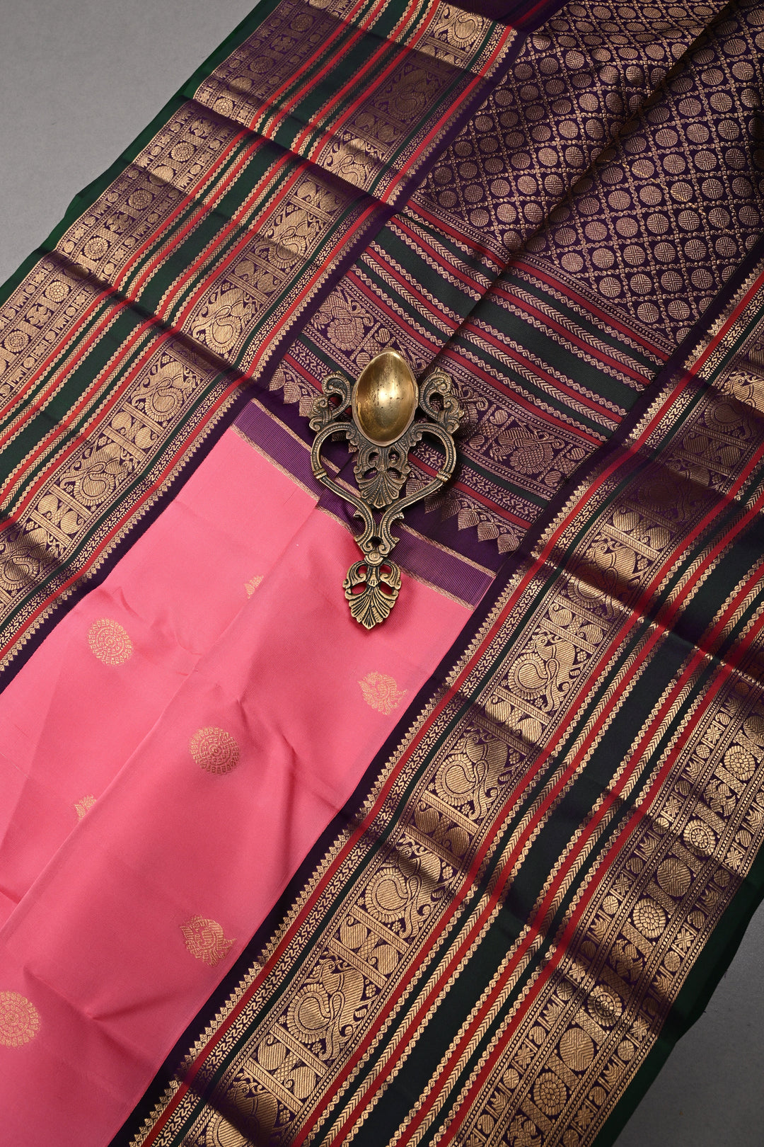 Korvai Rose Pink Kanjivaram Pure Silk Saree with Zari Buttas and Contrast Zari Border| SILK MARK CERTIFIED | SHOBITAM