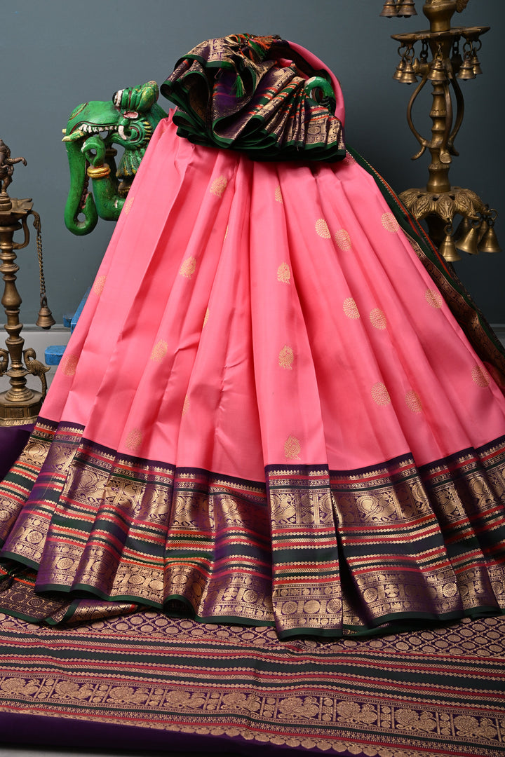 Korvai Rose Pink Kanjivaram Pure Silk Saree with Zari Buttas and Contrast Zari Border| SILK MARK CERTIFIED | SHOBITAM