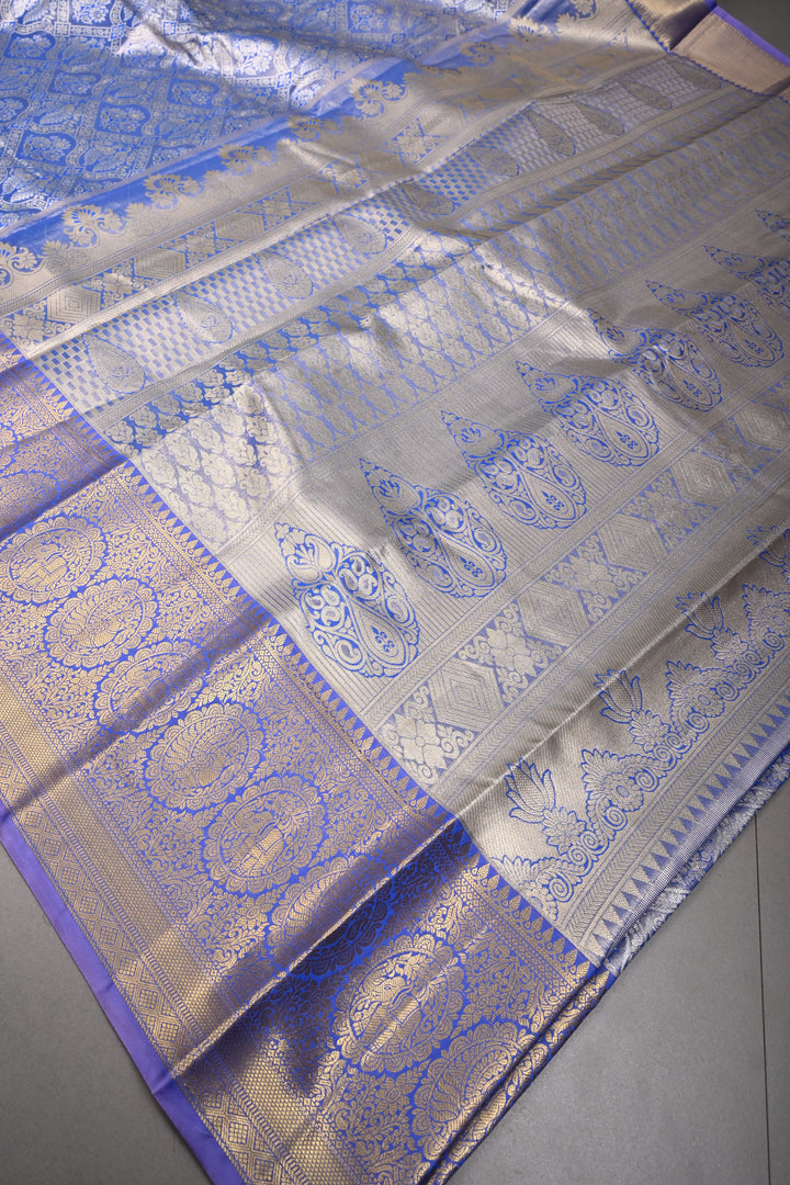 Light Blue Kanjivaram Tissue Semi Silk Saree with Meenakari Floral Brocade and Zari Border | SHOBITAM