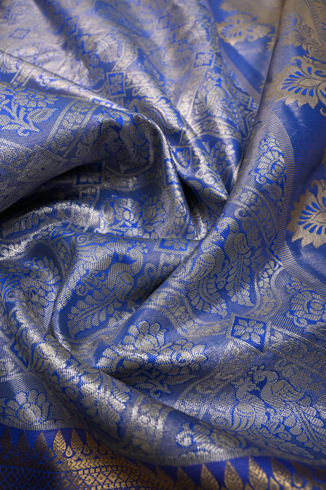 Light Blue Kanjivaram Tissue Semi Silk Saree with Meenakari Floral Brocade and Zari Border | SHOBITAM