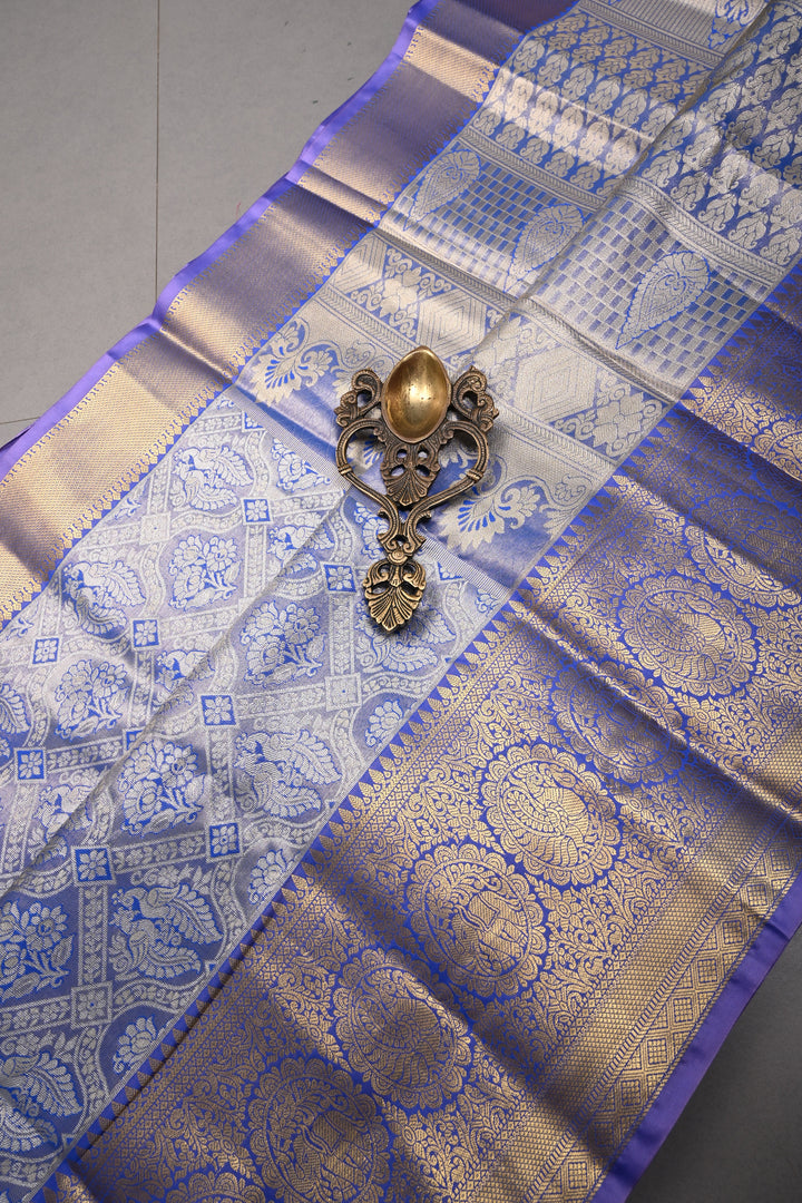 Light Blue Kanjivaram Tissue Semi Silk Saree with Meenakari Floral Brocade and Zari Border | SHOBITAM