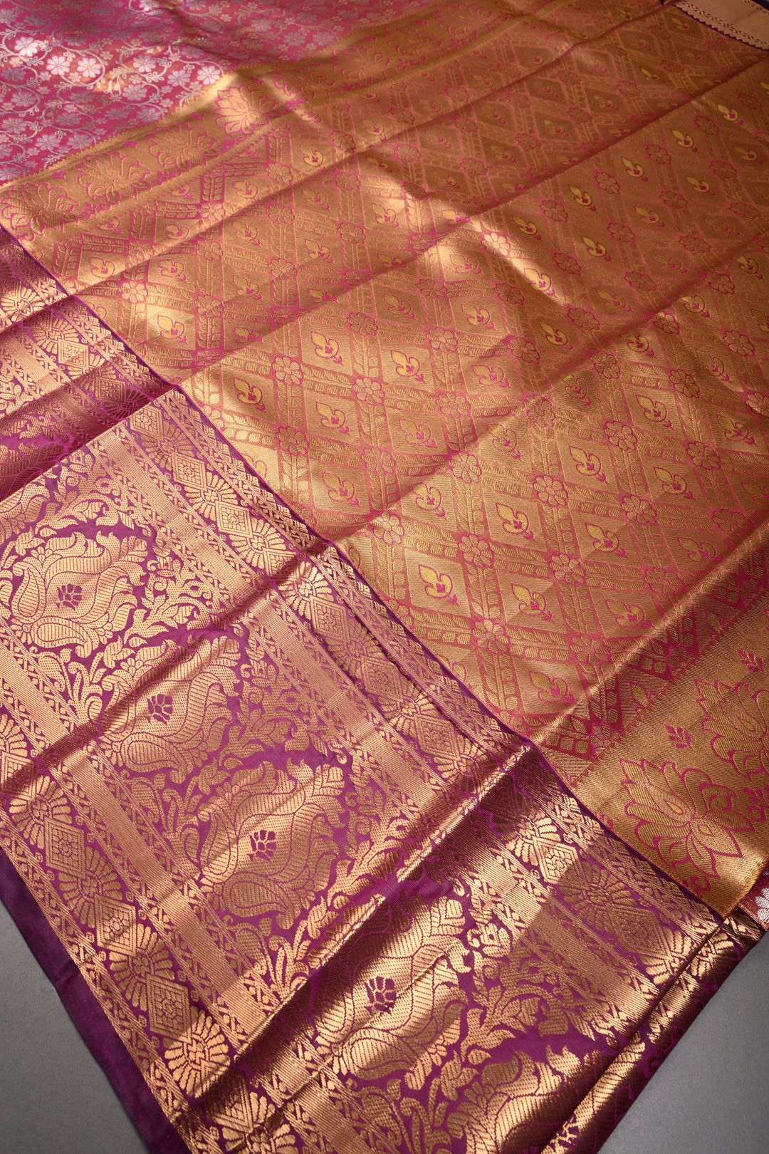 Pink Kanjivaram Tissue Semi Silk Saree with Meenakari Floral Brocade and Wide Zari Border | SHOBITAM