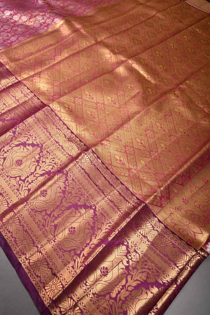 Pink Kanjivaram Tissue Semi Silk Saree with Meenakari Floral Brocade and Wide Zari Border | SHOBITAM