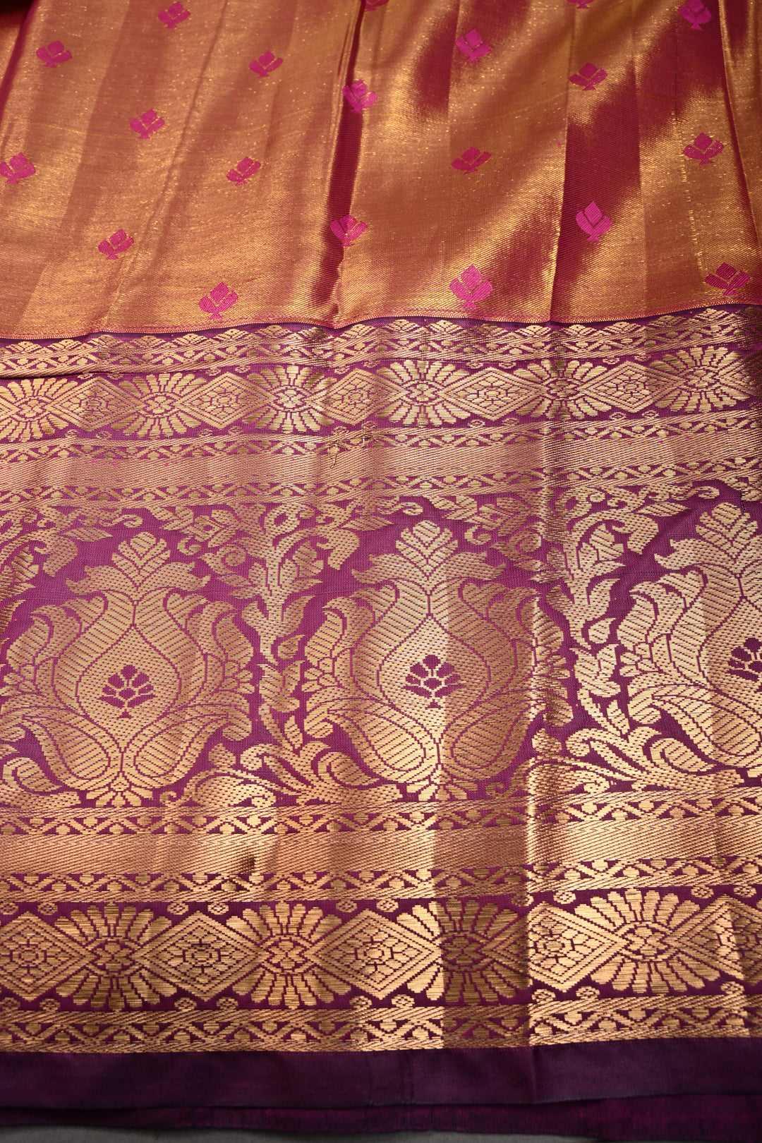 Pink Kanjivaram Tissue Semi Silk Saree with Meenakari Floral Brocade and Wide Zari Border | SHOBITAM