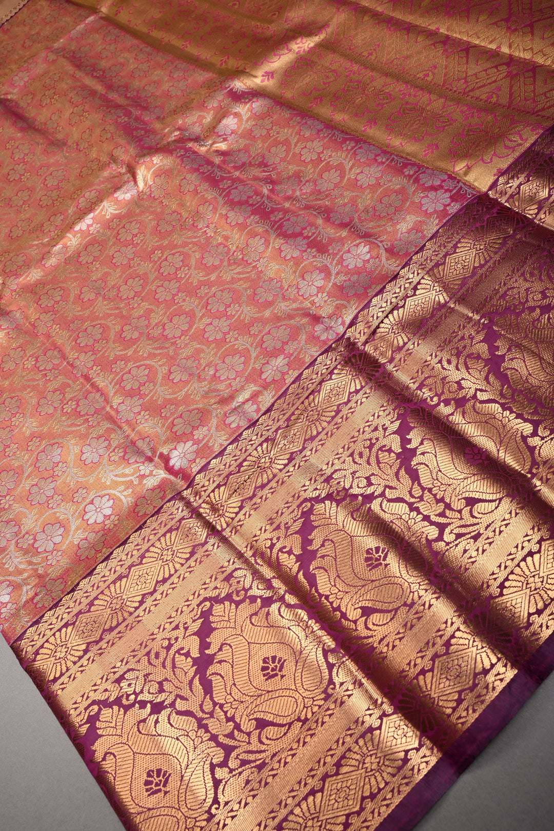 Pink Kanjivaram Tissue Semi Silk Saree with Meenakari Floral Brocade and Wide Zari Border | SHOBITAM