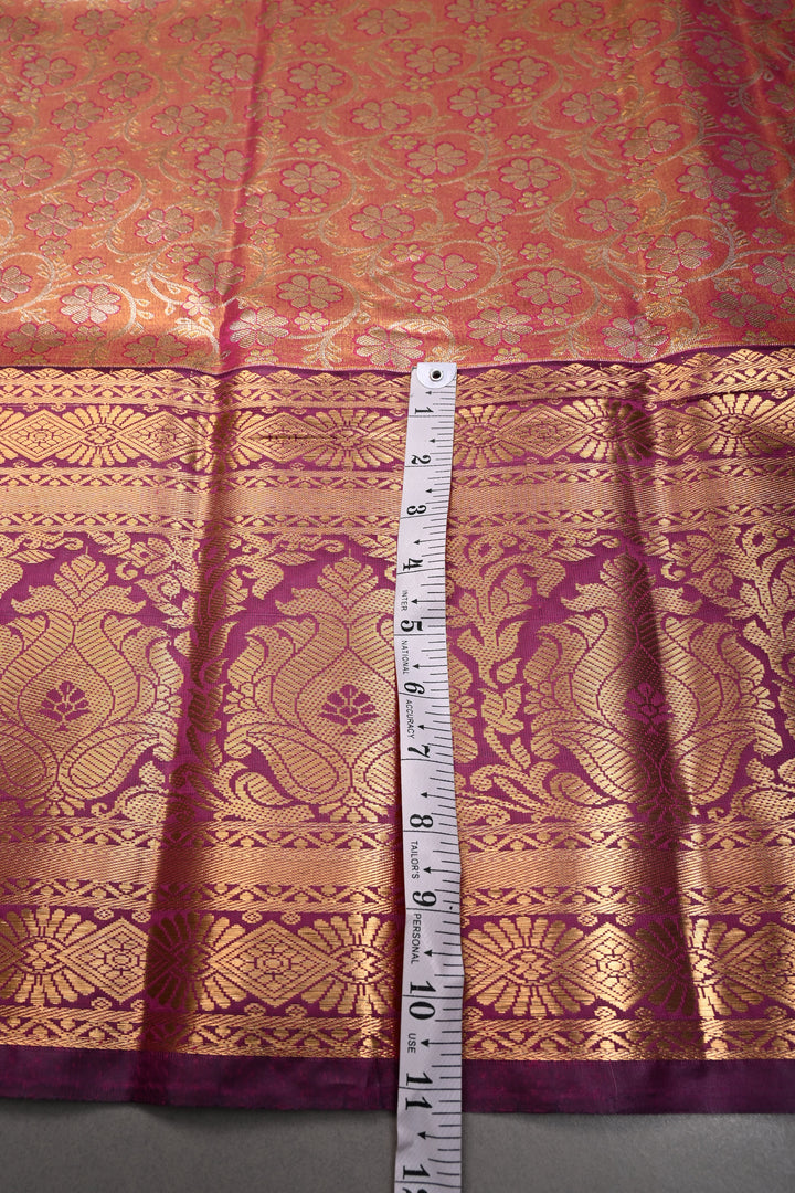 Pink Kanjivaram Tissue Semi Silk Saree with Meenakari Floral Brocade and Wide Zari Border | SHOBITAM