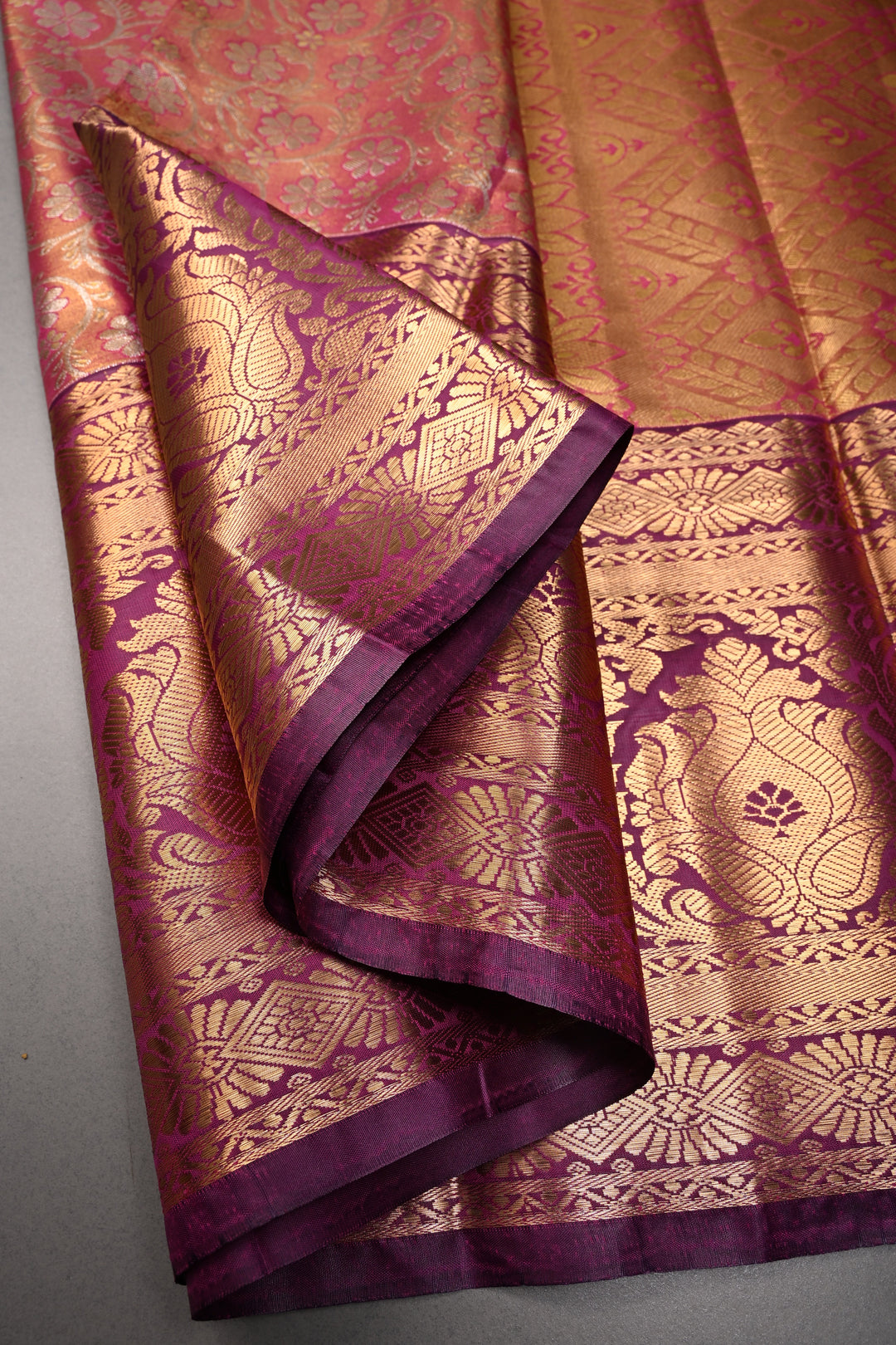 Pink Kanjivaram Tissue Semi Silk Saree with Meenakari Floral Brocade and Wide Zari Border | SHOBITAM