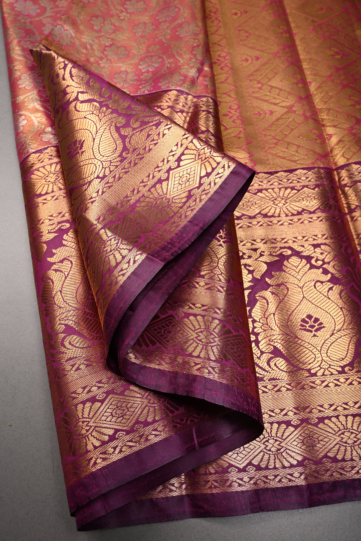Pink Kanjivaram Tissue Semi Silk Saree with Meenakari Floral Brocade and Wide Zari Border | SHOBITAM