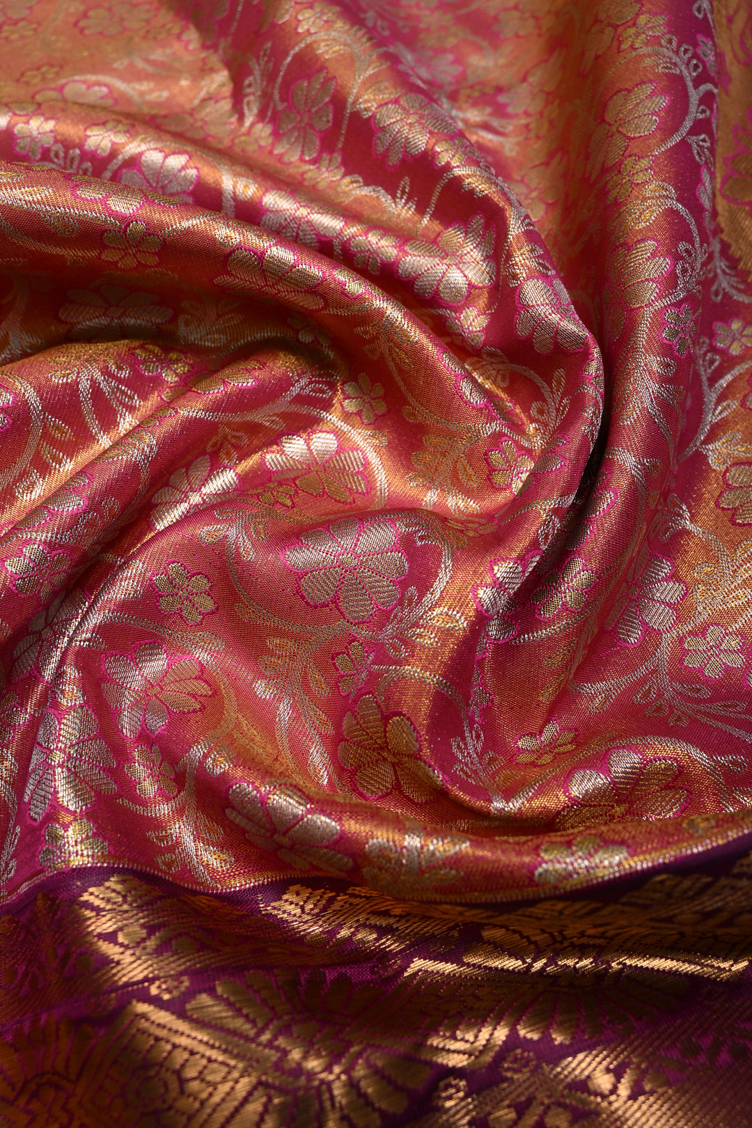 Pink Kanjivaram Tissue Semi Silk Saree with Meenakari Floral Brocade and Wide Zari Border | SHOBITAM