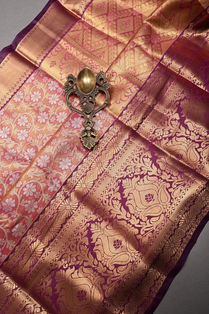 Pink Kanjivaram Tissue Semi Silk Saree with Meenakari Floral Brocade and Wide Zari Border | SHOBITAM