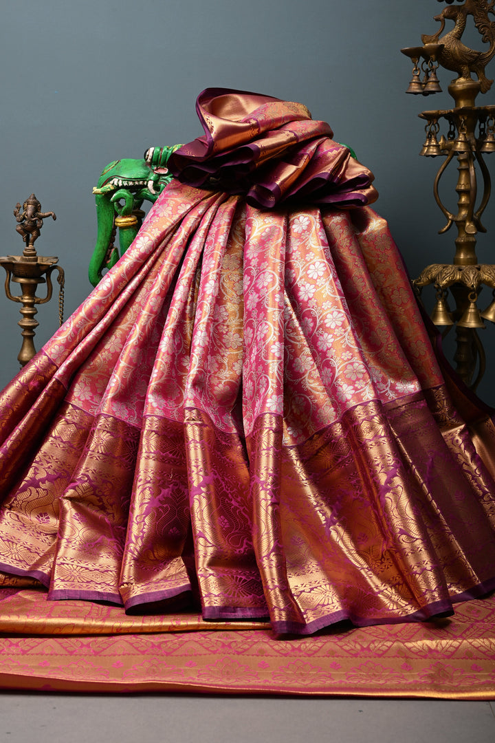 Pink Kanjivaram Tissue Semi Silk Saree with Meenakari Floral Brocade and Wide Zari Border | SHOBITAM