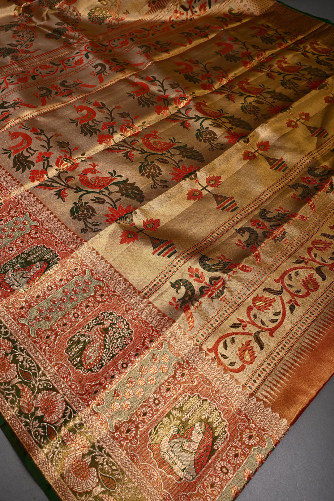 Gold Pure Kanjivaram Tissue Silk Saree with Meenakari Peacock Leheria Design and Zari Border | SILK MARK CERTIFIED | SHOBITAM
