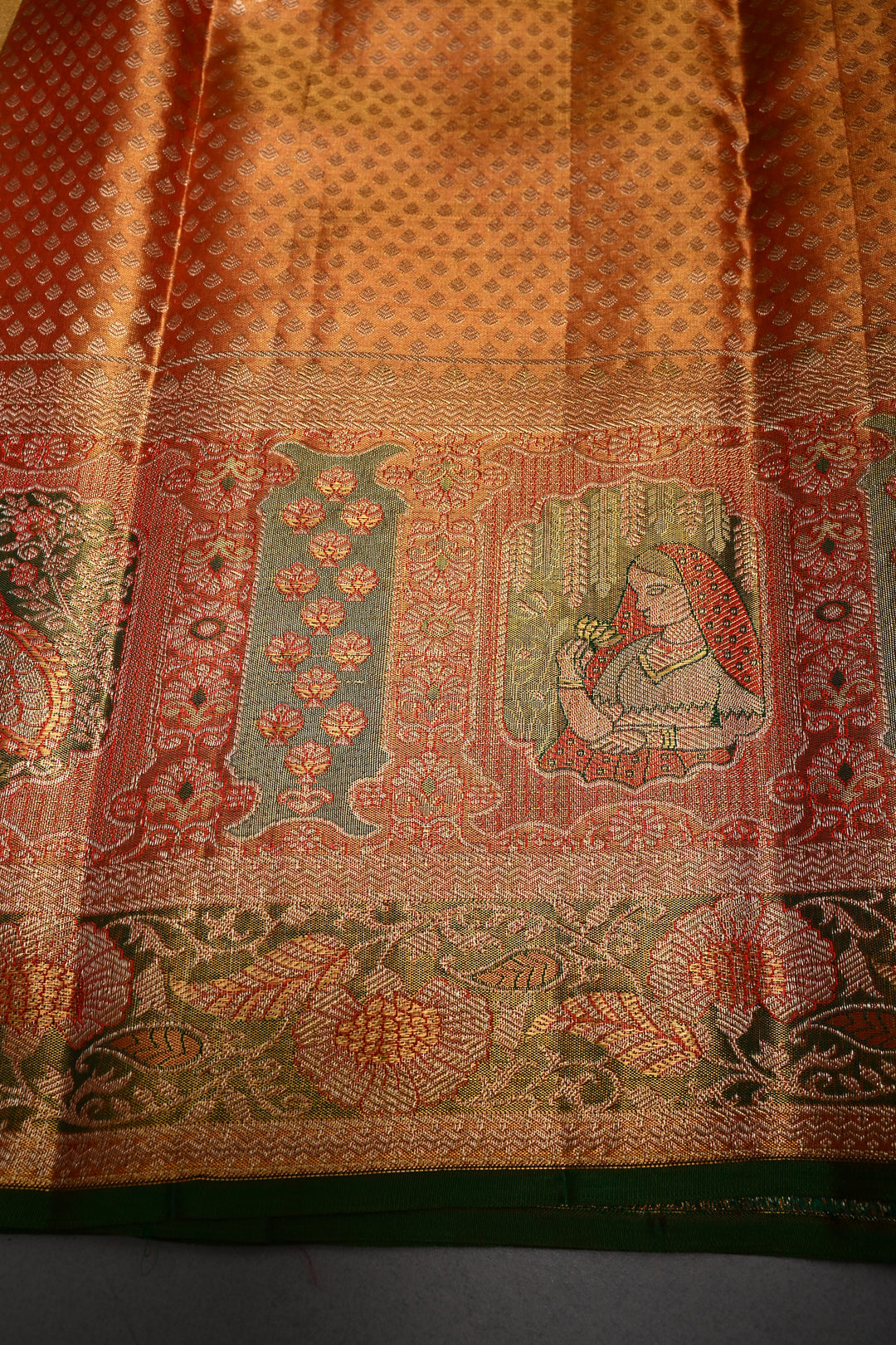 Gold Pure Kanjivaram Tissue Silk Saree with Meenakari Peacock Leheria Design and Zari Border | SILK MARK CERTIFIED | SHOBITAM