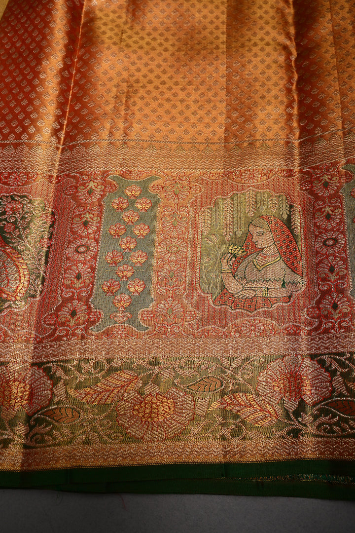 Gold Pure Kanjivaram Tissue Silk Saree with Meenakari Peacock Leheria Design and Zari Border | SILK MARK CERTIFIED | SHOBITAM