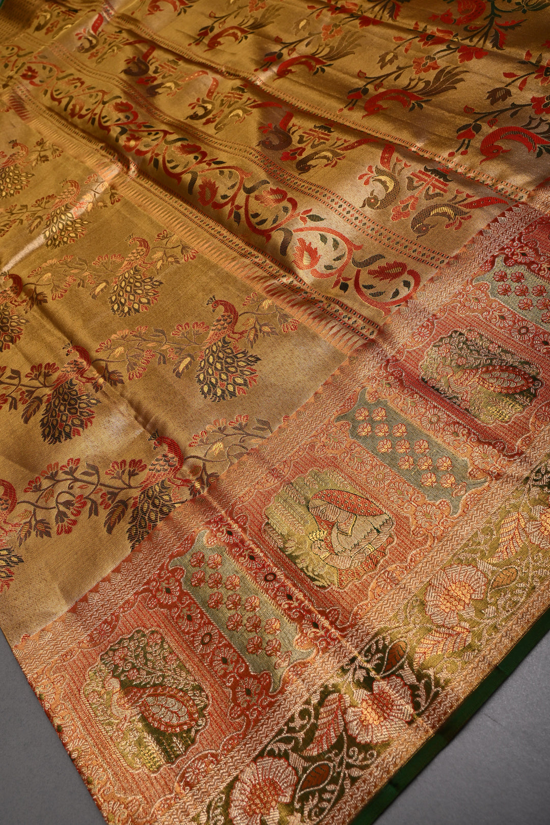 Gold Pure Kanjivaram Tissue Silk Saree with Meenakari Peacock Leheria Design and Zari Border | SILK MARK CERTIFIED | SHOBITAM