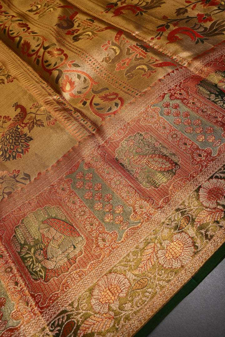Gold Pure Kanjivaram Tissue Silk Saree with Meenakari Peacock Leheria Design and Zari Border | SILK MARK CERTIFIED | SHOBITAM