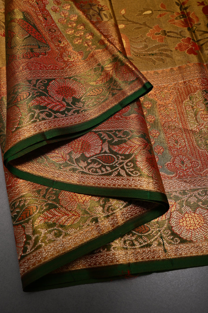 Gold Pure Kanjivaram Tissue Silk Saree with Meenakari Peacock Leheria Design and Zari Border | SILK MARK CERTIFIED | SHOBITAM