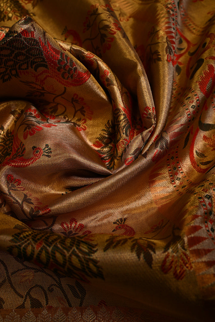 Gold Pure Kanjivaram Tissue Silk Saree with Meenakari Peacock Leheria Design and Zari Border | SILK MARK CERTIFIED | SHOBITAM