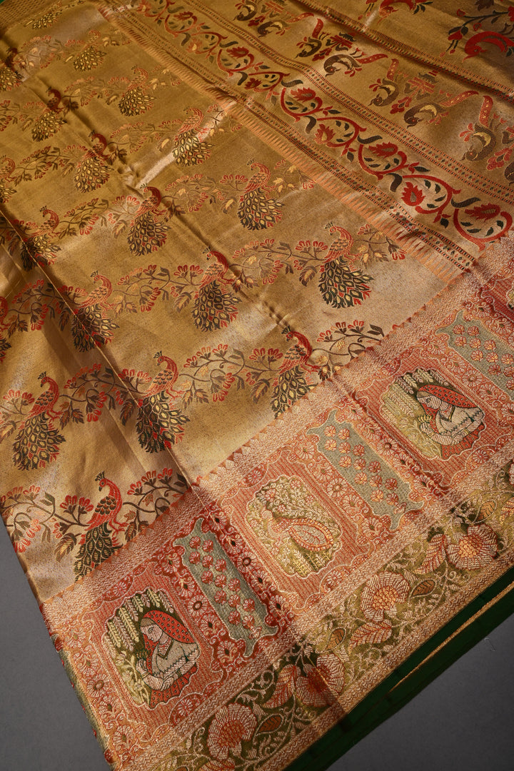 Gold Pure Kanjivaram Tissue Silk Saree with Meenakari Peacock Leheria Design and Zari Border | SILK MARK CERTIFIED | SHOBITAM