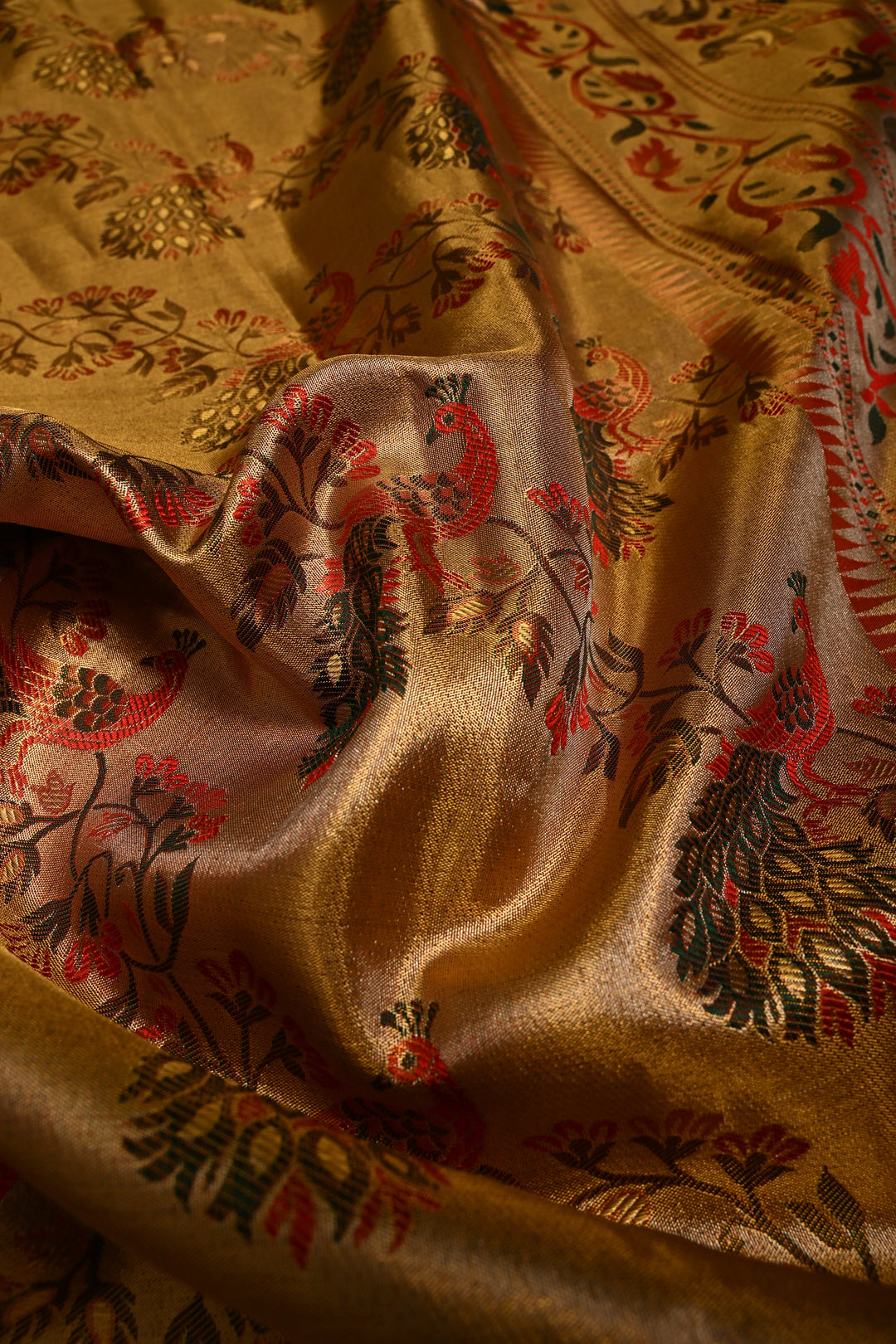Gold Pure Kanjivaram Tissue Silk Saree with Meenakari Peacock Leheria Design and Zari Border | SILK MARK CERTIFIED | SHOBITAM