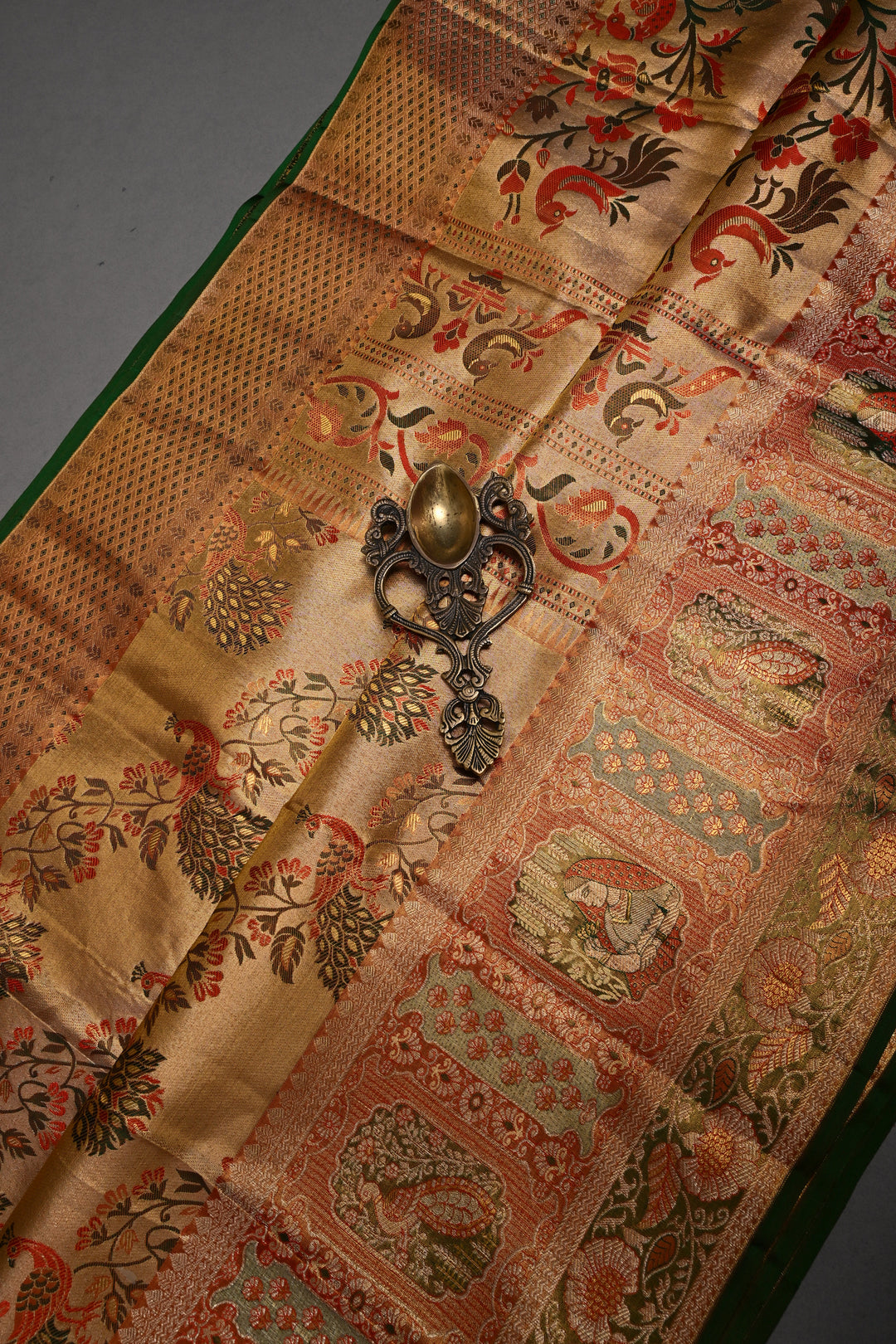 Gold Pure Kanjivaram Tissue Silk Saree with Meenakari Peacock Leheria Design and Zari Border | SILK MARK CERTIFIED | SHOBITAM