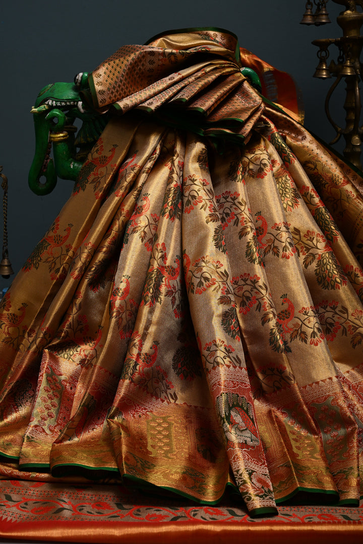 Gold Pure Kanjivaram Tissue Silk Saree with Meenakari Peacock Leheria Design and Zari Border | SILK MARK CERTIFIED | SHOBITAM