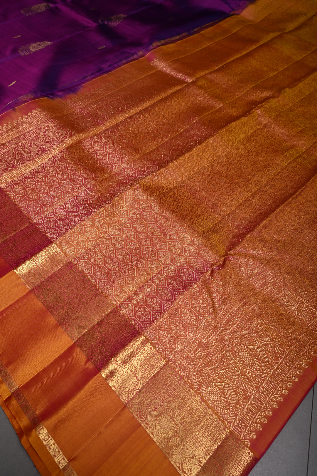 Vadamalli Dual Tone Kanjivaram Silk Saree with Zari Buttas and Contrast Zari Border | SILK MARK CERTIFIED | SHOBITAM
