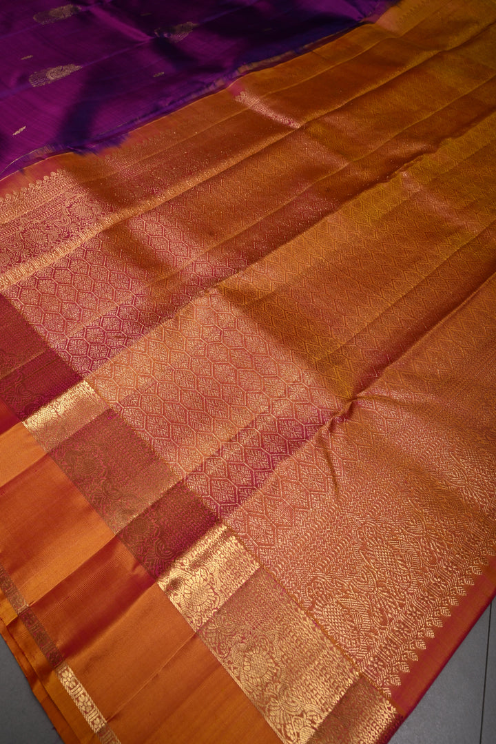 Vadamalli Dual Tone Kanjivaram Silk Saree with Zari Buttas and Contrast Zari Border | SILK MARK CERTIFIED | SHOBITAM