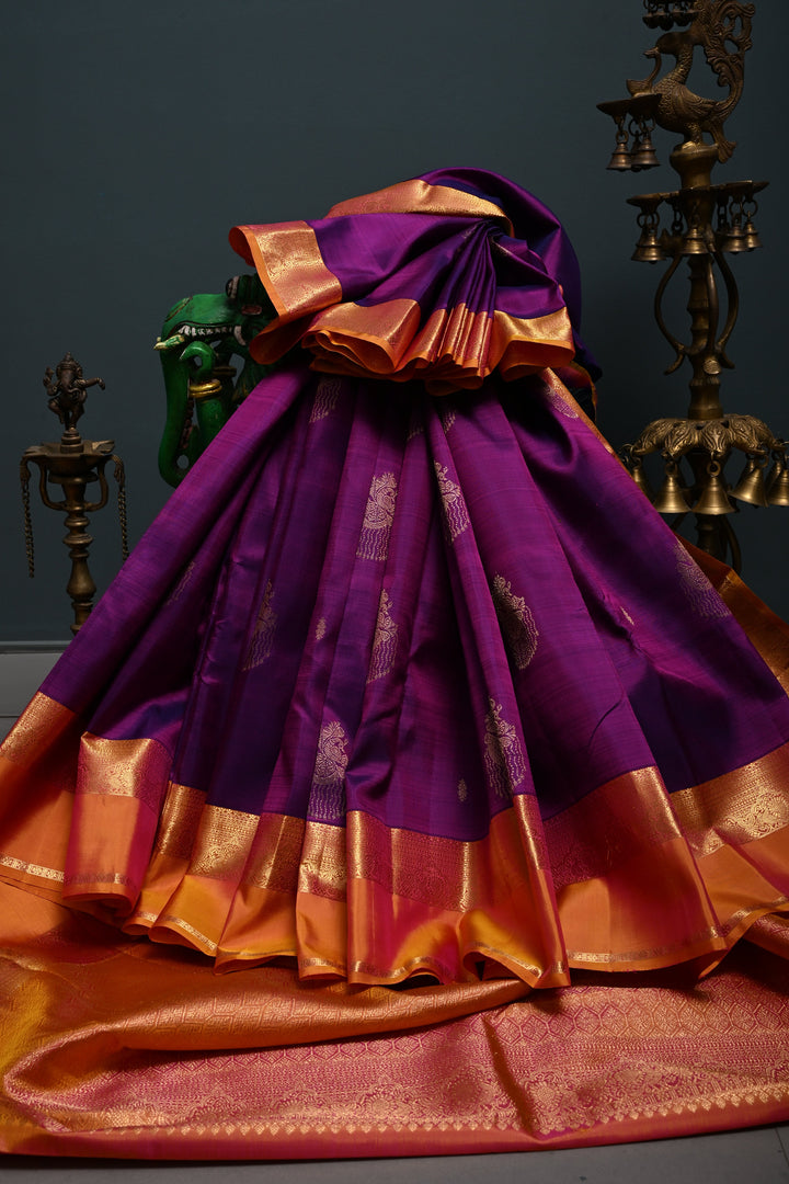 Vadamalli Dual Tone Kanjivaram Silk Saree with Zari Buttas and Contrast Zari Border | SILK MARK CERTIFIED | SHOBITAM
