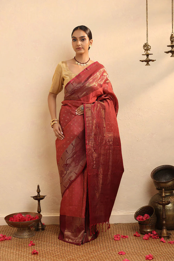 Handloom Maroon Pure Silk Kanjivaram Soft Silk Saree | SILK MARK CERTIFIED | SHOBITAM